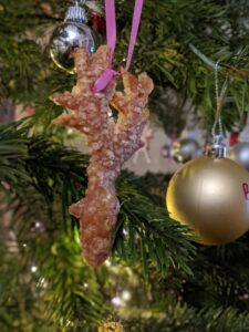 Pork crackling Christmas reindeer decoration on a Christmas tree