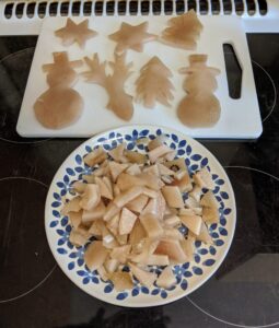 Raw pork crackling Christmas decorations ready to cook