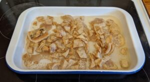 Pork crackling Christmas decorations in a pan