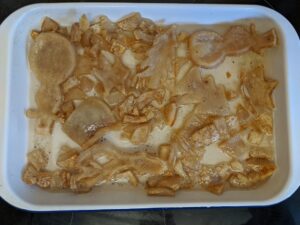 Pork crackling Christmas decorations in a pan