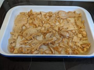 Pork crackling Christmas decorations in a pan