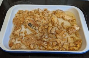 Pork crackling Christmas decorations in a pan