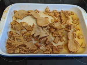 Pork crackling Christmas decorations in a pan