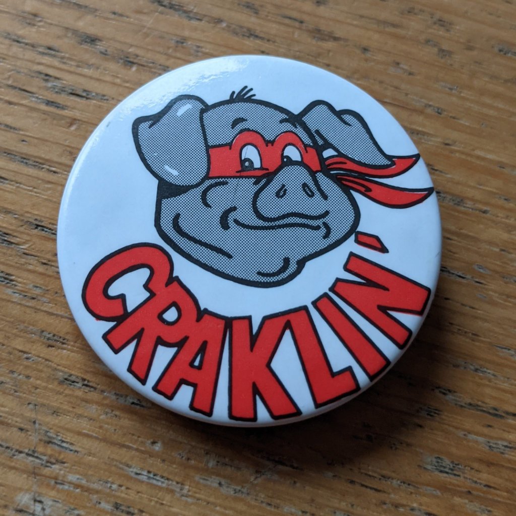 Vintage Pork Crackling Pin Badge Front